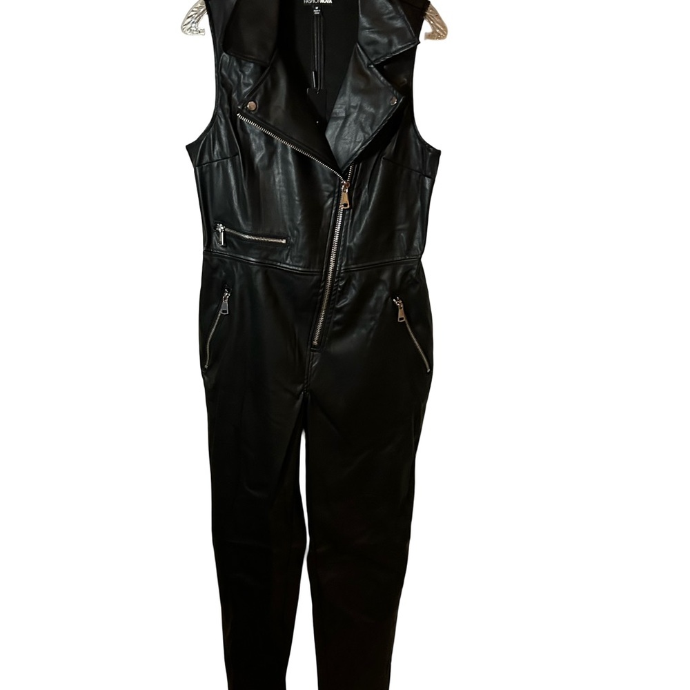 Fashion Nova Black Vegan Leather Biker Jumpsuit